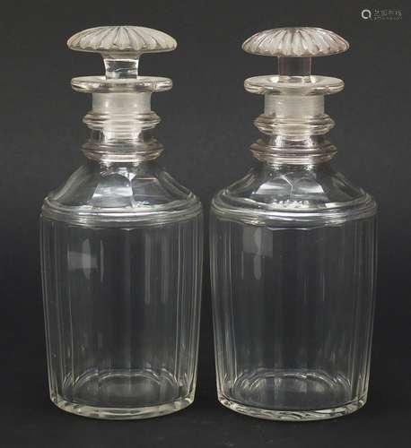 Pair of 19th century glass decanters with mushroom stoppers, each 19cm high : For Condition