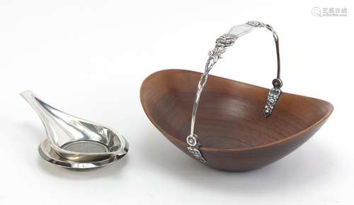 Modernist Continental silver tea strainer on stand, and teak basket with 800 grade silver swing