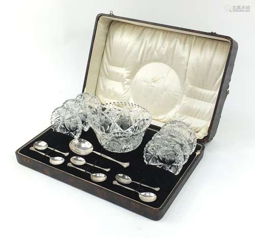 Edwardian cut glass dessert service comprising a bowl and six dishes with silver plated serving