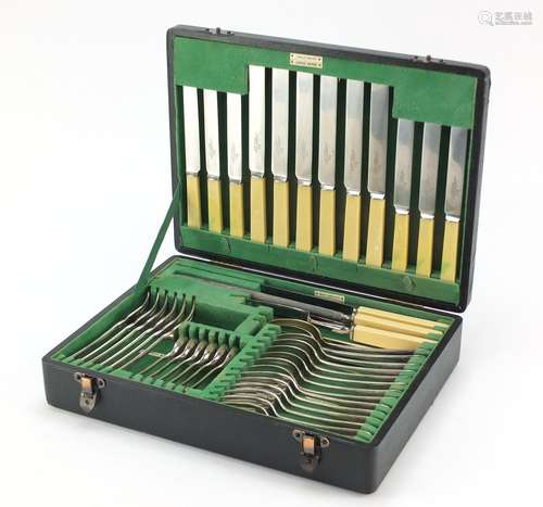 Walker & Hall six place canteen of silver plated cutlery, the canteen 37.5cm wide : For Condition