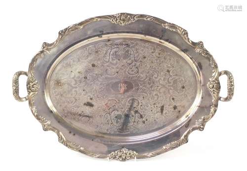 Heavy silver plated serving tray with twin handles, engraved with flowers, 63.5cm x 43cm : For