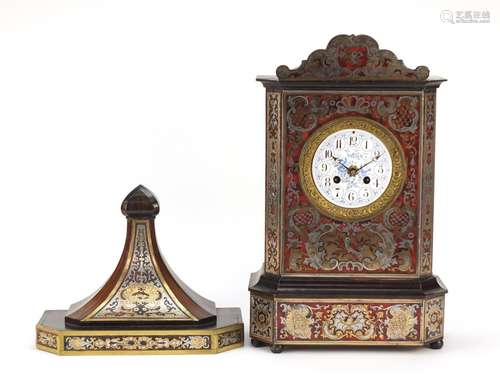 Antique French boulle inlaid mantel clock, decorated with birds, flowers and swags, the dial with