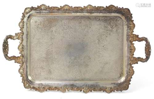 Heavy silver plated serving tray with twin handles, engraved with flowers, 69cm x 41cm : For