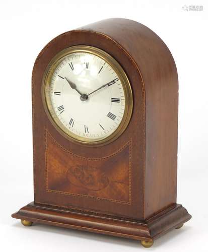 Inaid mahogany dome top mantel clock with enamelled dial and Roman numerals, 20.5cm high : For