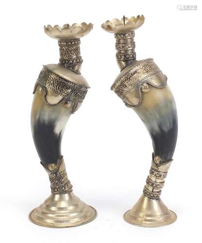 Pair of horn candlesticks with white metal mounts, 22.5cm high : For Condition Reports Please