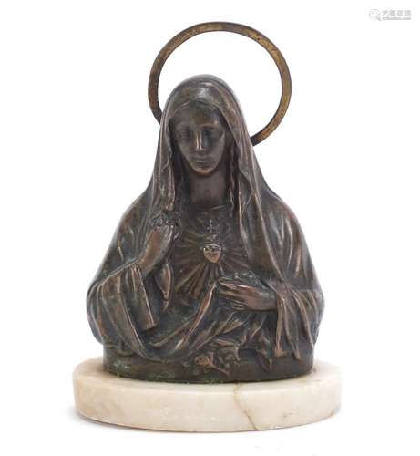 Classical bronzed bust of Madonna raised on an oval marble base, 14cm high : For Condition Reports