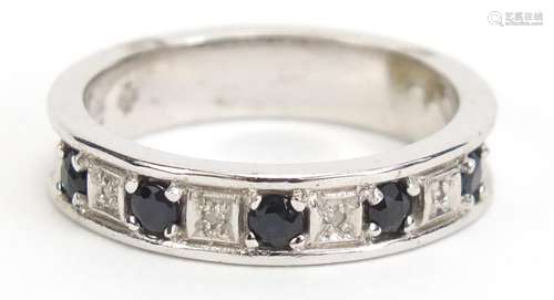 9ct white gold diamond and sapphire half eternity ring, size R, 4.5g : For Condition Reports