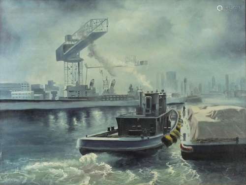 After Edward Henry Eugene Fletcher - Marine scene with battleship, oil on board, framed, 59.5cm x