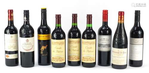 Nine bottles of red wine including Chateau Neuf du Pape, Yellow Tail Shiraz, Padthaway Shiraz