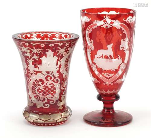 19th century Bohemian ruby flashed glass vase and goblet, each etched with deer, the largest 15.