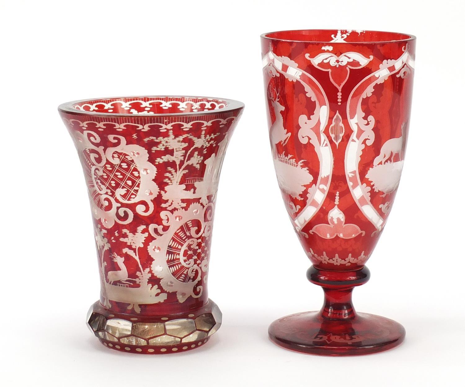 19th century Bohemian ruby flashed glass vase and goblet, each