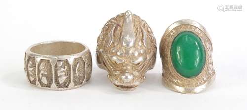 Three Chinese silver coloured metal rings : For Condition Reports Please Visit Our Website,