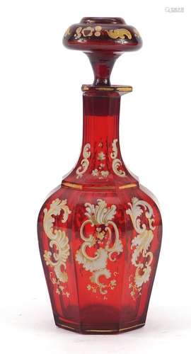 19th century Bohemian ruby glass decanter gilded with foliage, 19cm high : For Condition Reports