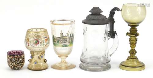 Continental glassware including a German goblet hand pained with a building, goblet hand painted