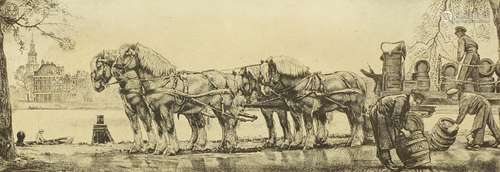 WG Hofker - Draymen unloading horse and cart before canal, Continental etching in white painted