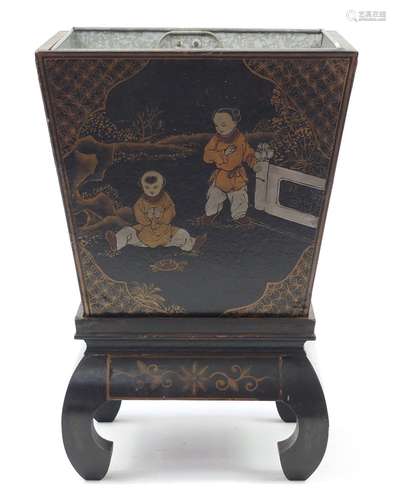 Chinese black lacquered planter with liner on stand, hand painted with a panel of children