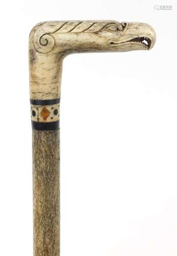 Antique Scrimshaw carved whalebone walking stick with bird head design handle, 93cm in length :