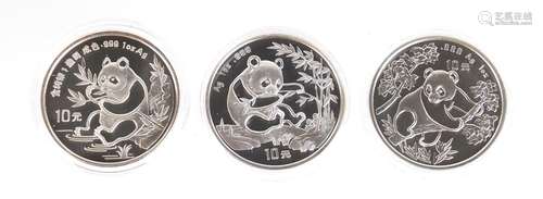 Three Chinese silver pandas with certificates of authenticity comprising dates 1991, 1992 and 1994 :