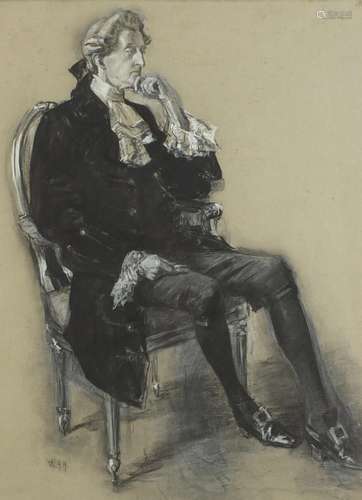 Portrait of a gentleman in a chair, Victorian chalk, signed with monogram WHH, mounted, framed and