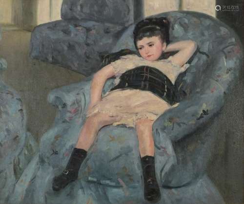 Young girl in a chair, French Impressionist oil on board, framed, 69.5cm x 59cm : For Condition