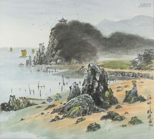 Chinese watercolour depicting a coastal scene with figures, calligraphy and red seal marks, mounted,