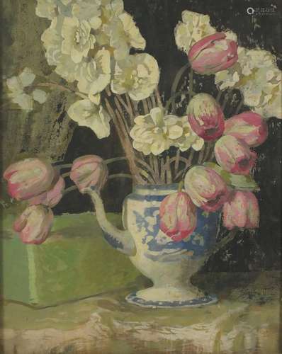 George Sheringham - Flowers in a coffee pot, watercolour, Kensington Art Gallery label verso, framed