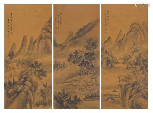 Tryptic of three Chinese watercolours, each depicting river landscapes with calligraphy and red seal