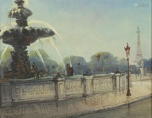 A Lambert - Water font before the Eiffel Tower, oil on canvas, label and inscription verso,