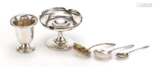 Silver and white metal objects including a pedestal bon bon dish and two spoons, the largest 7.5cm