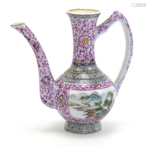 Chinese porcelain wine jug, hand painted in the famille rose palette with a snowy landscape and