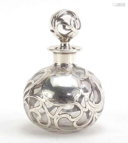 Ornate silver overlaid glass scent bottle, 10cm high : For Condition Reports Please Visit Our