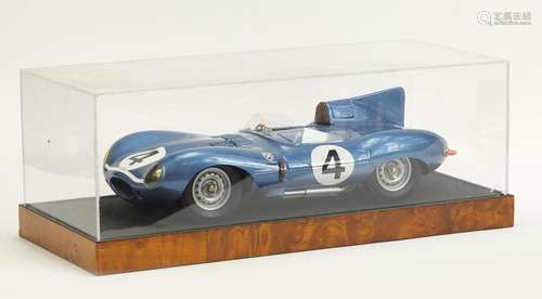 1:8 scale scratch built model of a Jaguar D Type by Javan Smith with display case, label to the