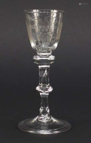 18th century balustroid wine glass with engraved bowl, double knop stem enclosing a tear and