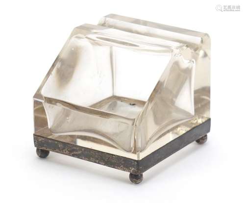 Silver mounted glass inkwell and pen rest, hallmarked London 1913, 5.5cm H x 5cm W x 6cm D : For