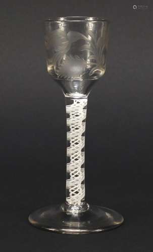 18th century wine glass with opaque twist stem and etched floral bowl, 15cm high : For Condition