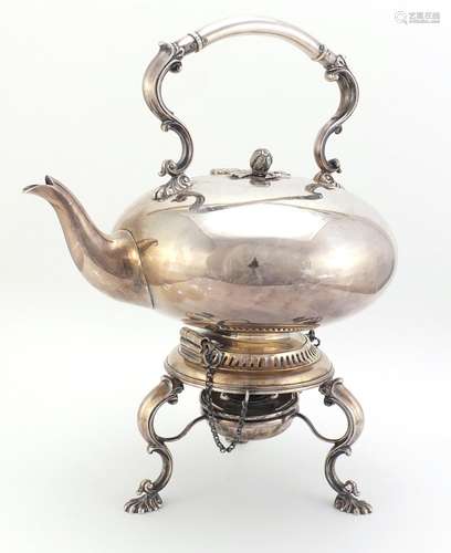 Large silver plated teapot on stand with burner, retailed by Arthur Jack of Cheltenham, 37cm