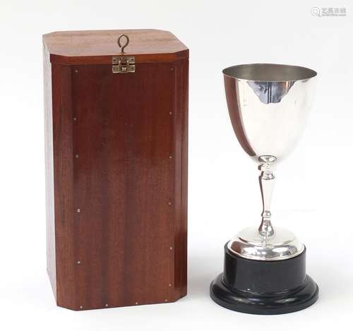 Large silver plated uninscribed sporting trophy with original mahogany carrying box, 34cm high : For