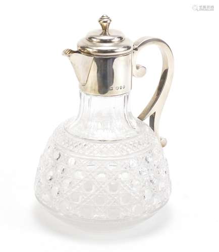 Victorian hobnail cut glass claret jug with silver lid and handle by Mappin Brothers, London 1890,