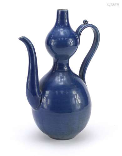 Chinese blue glazed porcelain double gourd water pot, 29cm high : For Condition Reports Please Visit