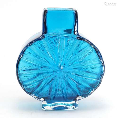 Whitefriars sunburst glass vase in kingfisher blue designed by Geoffrey Baxter, 15.5cm high : For