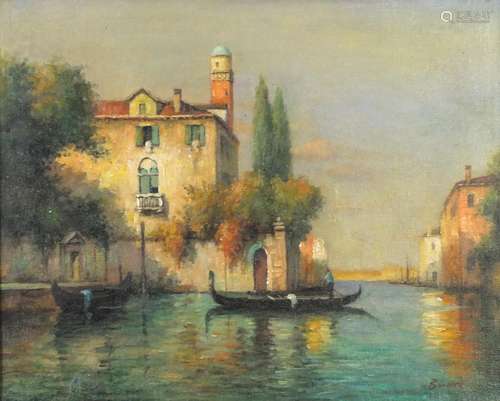 Manner of Antoine Bouvard - Venetian canal with gondolas, French school oil on board framed, 49cm