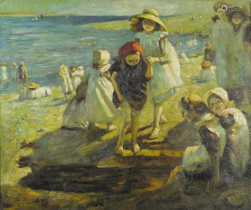 Manner of Laura Knight - Figures on a beach, modern British oil on board, framed, 59.5cm x 49.