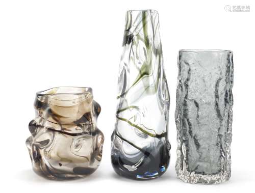 Two Whitefriars knobbly glass vases and a Bark vase designed by Geoffrey Baxter, the largest 25cm