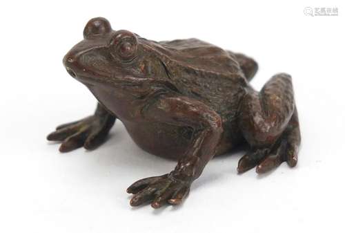 Japanese patinated bronze frog, impressed character marks to the base, 4cm wide : For Condition