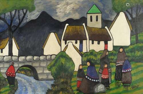 Manner of Markey Robinson - Figures by water before cottages and mountains, Irish school oil on