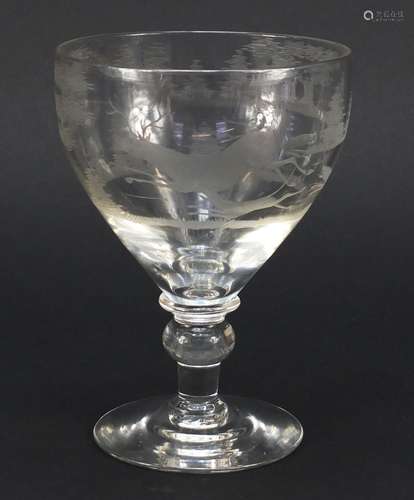 Mid 19th century glass rummer cup bowl engraved with a continuous hunting scene having a knopped