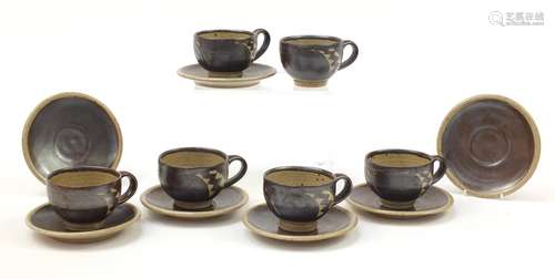 Chris Lewis set of six South Heighton studio pottery cups with sauces, each hand painted with an