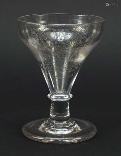 19th century saucer topped glass rummer engraved with flags and named W Young 1849 having a blade