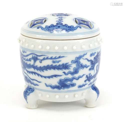 Chinese blue and white porcelain tripod incense burner with pierced lid, hand painted with bats,