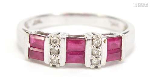 14k white gold diamond and ruby half eternity ring, size P, 3.3g : For Condition Reports Please